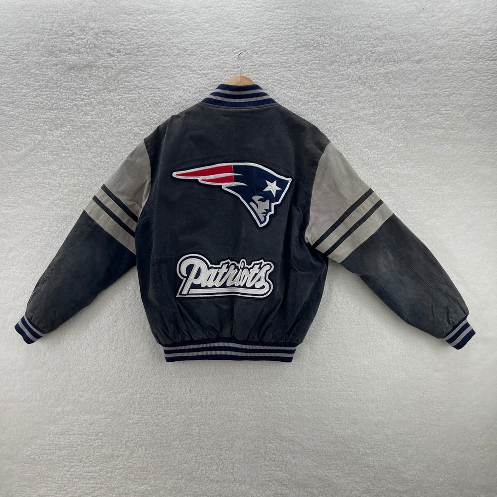New England Patriots Jacket Mens L Blue Gray Leather Varsity Bomber Suede NFL